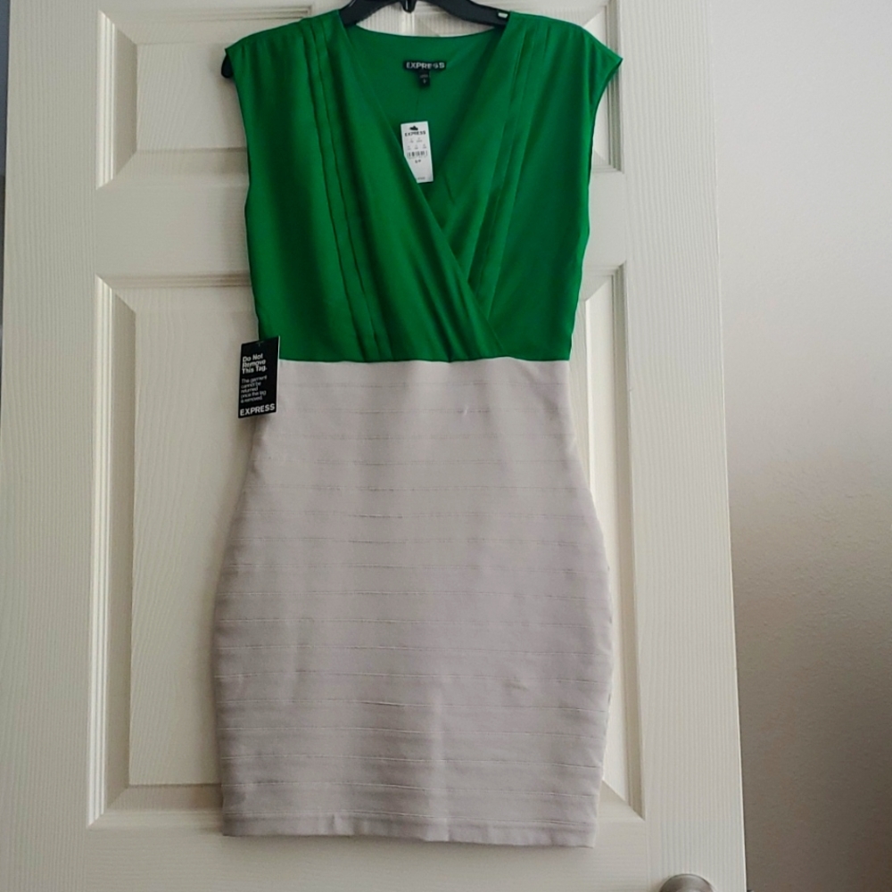 Express Green & Beige Bandage Bodycon Vneck Sleeveless Dress